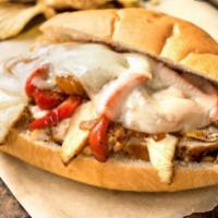 Chicken Cheese Steak Sandwich · Boneless skinless chicken sandwich.