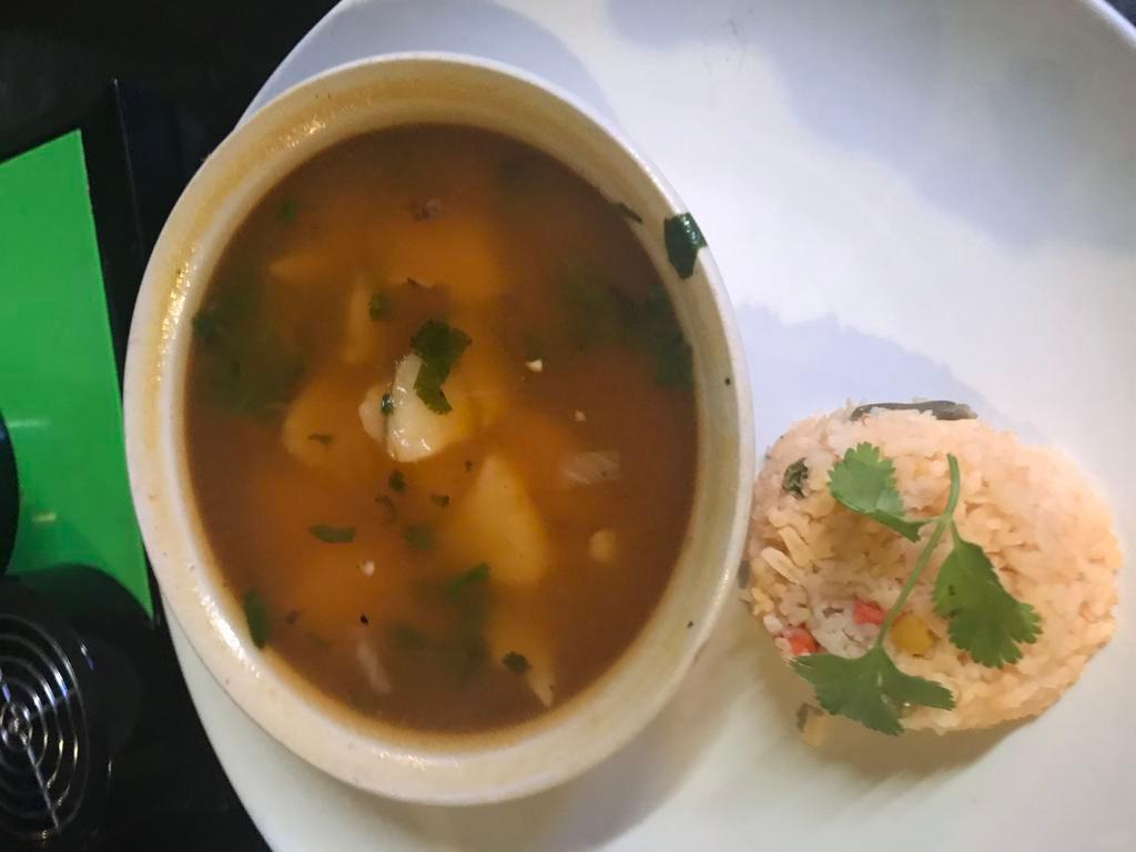 Caldo de Res Soup · Beef and vegetable soup.
Rice and tortilla on the side.