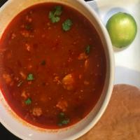 Pozole Soup · The favorite pork stew soup from The Land of Enchantment with red chile and fresh hominy.