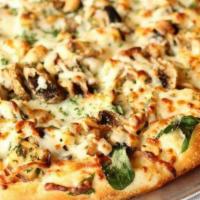 Nutty Chicken Small · Nutty Chicken Pizza, roasted cashews, roasted chicken, fresh mushrooms, spinach and grated p...