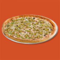 Veggie Pizza · Olives, mushrooms, peppers, onion, jalapeno, shredded mozzarella with marinara sauce on a ha...