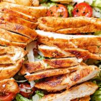 Grilled Chicken Salad · Savory grilled chicken on a bed of crispy romaine lettuce, topped with grated cheese.