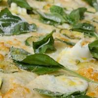 Roasted Zucchini · No sauce. Roasted zucchini on a bed of mozzarella cheese, smoked mozzarella, topped with bas...