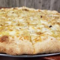 Bianca Pizza · No Sauce; Mozzarella & gorgonzola cheese, topped with caramelized onions . Round, 8 slices.  