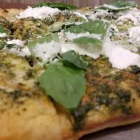 Pesto Burrata Pizza · You can't go wrong with this founder's favorite. Mozzarella Cheese, Homemade Basil Pesto; Dr...