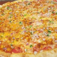 Crown Chicken Pizza · Buffalo chicken meets Barbecue chicken to deliver a mouth-watering, flavor-packing, jalapeno...