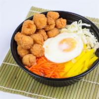 R3 盐酥鸡饭 Popcorn Chicken Rice Bowl · served w/ popcorn chicken,sliced cabbage, carrot, egg, korean radish, white rice