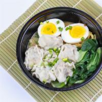 N4 云吞面 Wonton Noodle · w/6 wontons, shanghai greens,egg,scallion, in pork bone soup
