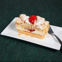 Mille Feuille · Puff pastry layered with vanilla cream and strawberries.