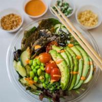 Vegetarian Bowl · Organic tofu, spring mix, edamame, oshinko, carrot, mango, avocado, cherry tomato, ponzu sau...