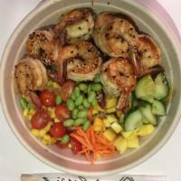 Grilled Shrimp Bowl  · Carrot, sweet corn, cherry tomato, cucumber, mango, sesame seeds with teriyaki sauce.