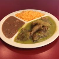 Chicarron Verde · Includes rice, beans and three homemade tortillas 