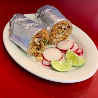 Burritos · All burritos come with rice, your choice of meat, chopped onion and cilantro and red salsa.