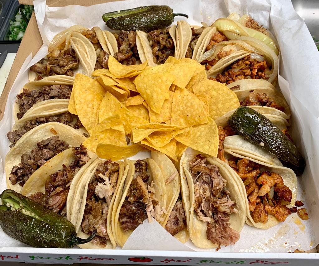 12 Street Tacos · Includes: 12 street tacos, your'e choice of meat, cilantro, onion , 2 grilled jalapenos and our delicious table chips. Meats not available for this item: asada, lengua and tripa.
