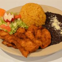 Milanesa De Pollo · Breaded chicken breast. Served with rice, beans and tortillas.
