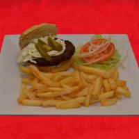 Mexican Burger with  French fries. · Hamburger bun, lettuce, tomatoes and onions. Served with French fries.
