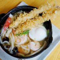 N1. Nabeyaki Udon · Chicken, egg, vegetable, fish cake and shrimp tempura in a soup.