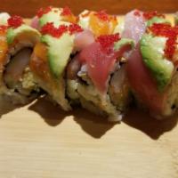 4. Rainbow Roll · Kani, kampyo, cucumber and crunchy topped with tuna, salmon, fluke, avocado and tobiko. 