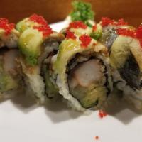 5. Dragon Roll · Kani, kampyo, cucumber and crunchy topped with eel avocado and tobiko. 