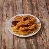 Chicken Fingers · 5 pieces. Breaded or battered crispy chicken. Served with french fries, honey mustard or BBQ...
