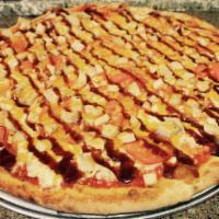 Barbecue Chicken Pizza · Grilled barbecued chicken with zesty spices, hickory smoked BBQ sauce, tomatoes, mozzarella ...