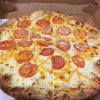 Four Cheese Pizza · Freshly grated mozzarella cheese, cheddar, provolone and parmesan cheeses with sliced tomato...
