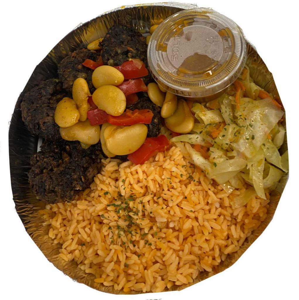 Vegan Oxtail Meal Platter · Large vegan oxtail meal. Vegan oxtail stew with butter beans in a Jamaican styled sauce accompanied by steam vegetable cabbage and rice. All vegan ingredients, gluten free and GMO free. Feel safe enjoy.