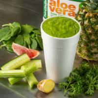 Lipo Juice Smoothie · Grapefruit, celery, cucumber, spinach, parsley, pineapple, ginger and aloe vera.