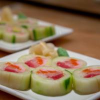 Cucumber Special Roll · Crab stick, avocado and sesame seeds wrapped in a thin sheet of cucumber.