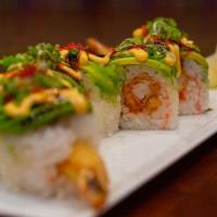 Sweet Dragon Roll · Shrimp tempura, masago and spicy mayo rolled with barbecue eel and avocado topped with eel s...
