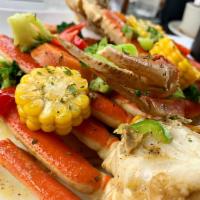 Seafood Platter · Seafood boil. Lobster tail, crab legs, shrimp, mussels seasoned and served with fresh vegeta...