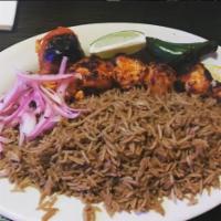 10. Two Skewers of Chicken Tikka · With rice, salad, and bread.