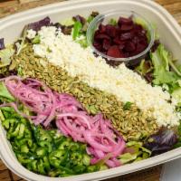 Beet and Feta Salad Platter · Mixed greens topped with beets, feta cheese, pumpkin seeds & pickled red onions. Served with...
