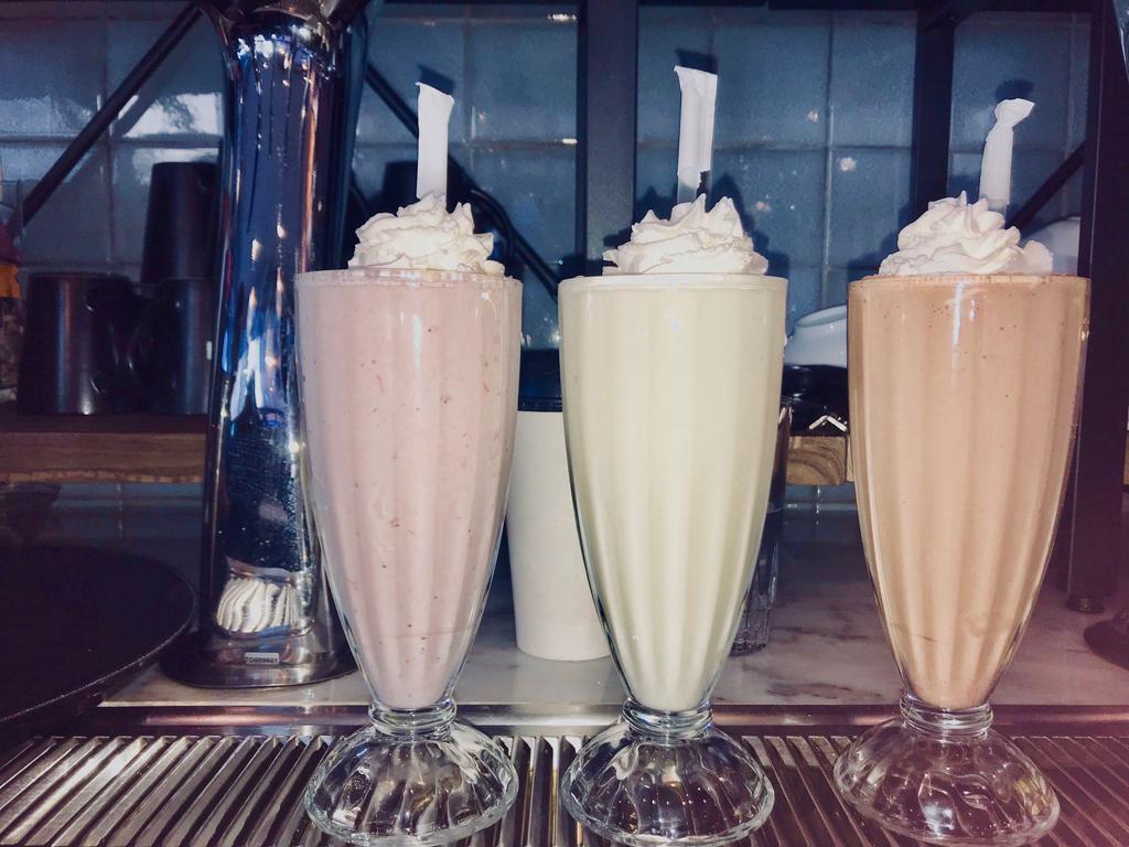 Milkshake · Vanilla, chocolate, strawberry or cookies and cream ice cream.