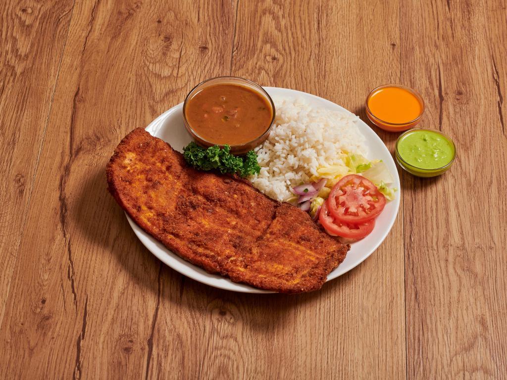25. Pechuga Empanizada · Breaded chicken breast, rice, beans and french fries.