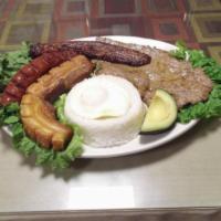 59. Bandeja paisa · Colombian typical platter: Rice, beans, sweet plantain, pork skin, sausage, grilled steak, e...