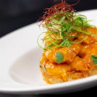 Firecracker Shrimp · Tempura shrimp, sweet chili sriracha, crispy rice cake, sweet soy ginger, green onions, red ...