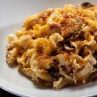 [Mac + Cheese]² · Bacon, chicken, crimini, shiitake & oyster mushrooms, truffle oil, parmesan, panko cheddar c...