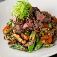 Steak Bowl · Grilled sirloin, stir-fried sesame brown rice and red quinoa, shiitake mushrooms, snap peas,...