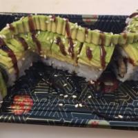 Dragon Roll · Eel and cucumber inside, topped with avocado