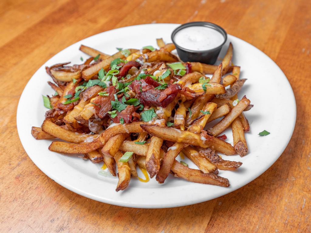 Ice House French Fries with Garlic Cheese Fries · Fried potatoes topped with cheese and chili. 