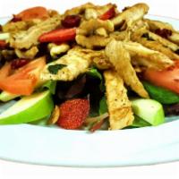 Harvest Salad · Grilled chicken over baby greens tossed with walnuts, dry cranberries, apples, strawberries ...