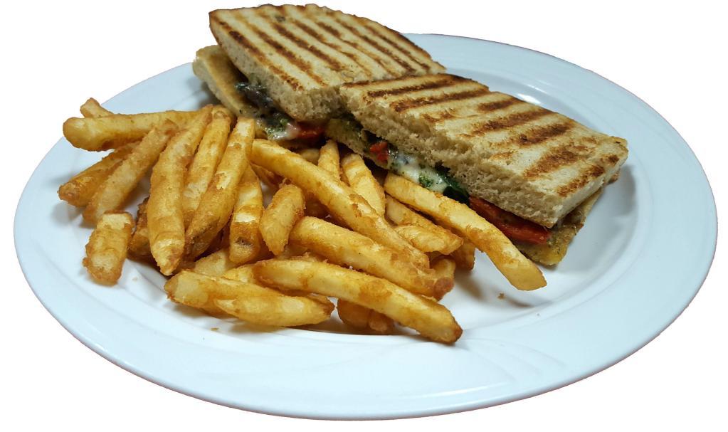 Grilled Napolitano Panini · Grilled portabella mushrooms, fresh mozzarella and baby lettuce with Italian seasoning.