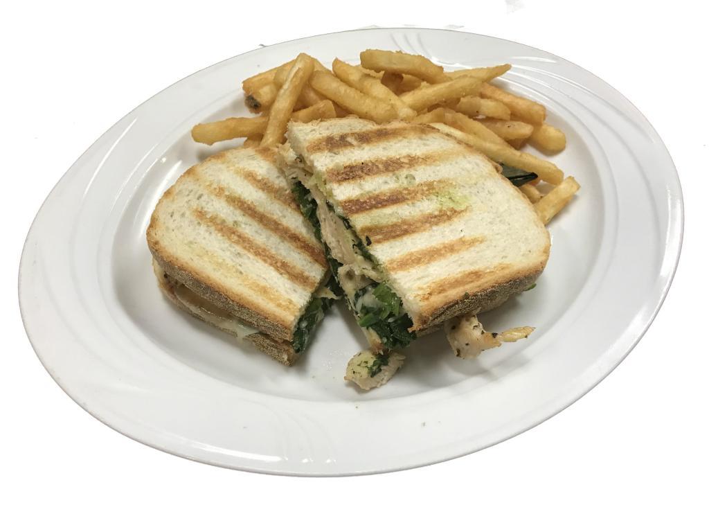 Grilled Florentino Panini · Grilled chicken breast, spinach, provolone, creamy pesto mayonnaise and baby lettuce.