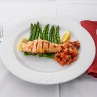 Gluten Free Salmon Fratellis · Grilled salmon served with bruschetta topping and asparagus. Served with gluten free pasta a...
