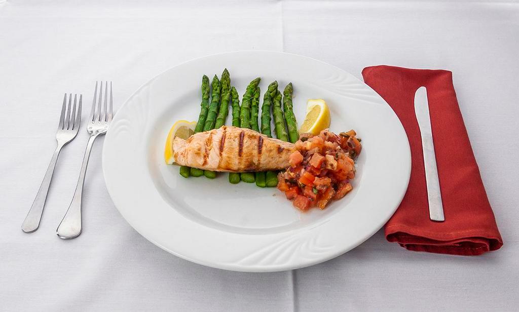 Gluten Free Salmon Fratellis · Grilled salmon served with bruschetta topping and asparagus. Served with gluten free pasta and salad.(not served with pasta)