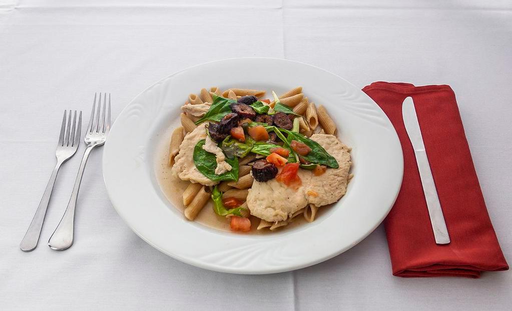 Chicken Fioree De Luna · Grilled chicken breast sauteed with figs, fresh tomatoes and spinach in a garlic white wine sauce. Served with whole wheat penne and soup or salad.