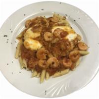 Pollo Arreganata · Chicken breast sauteed with baby shrimp in a fresh tomato white wine sauce and baked with fr...