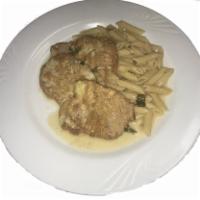 Veal Francese · Dipped in a light egg batter, sauteed in a white wine and fresh lemon sauce. Served with pas...