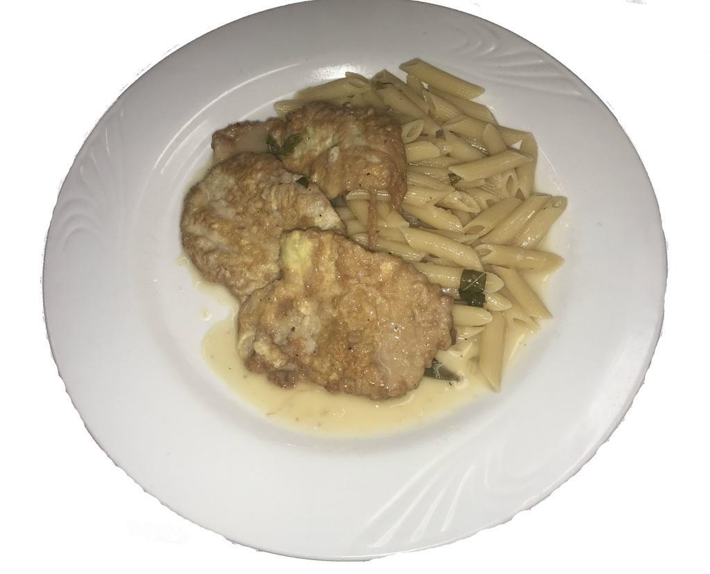 Veal Francese · Dipped in a light egg batter, sauteed in a white wine and fresh lemon sauce. Served with pasta and choice of salad or soup.